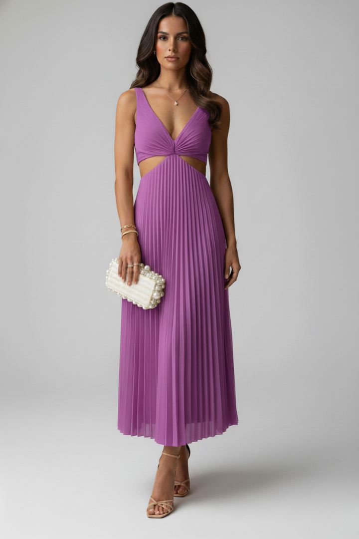 Women's Dress with V-Neck and Pleated Skirt
