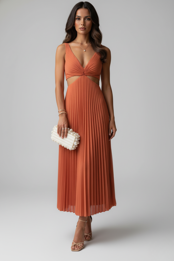 Women's Dress with V-Neck and Pleated Skirt