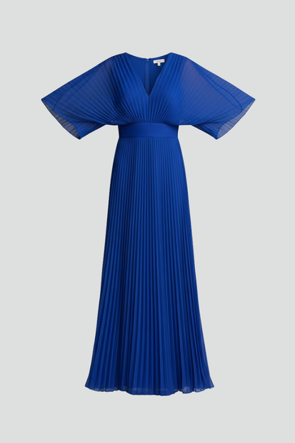 Women's Dress with V-Neckline and Pleated Maxi Skirt