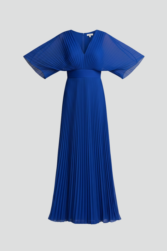 Women's Dress with V-Neckline and Pleated Maxi Skirt