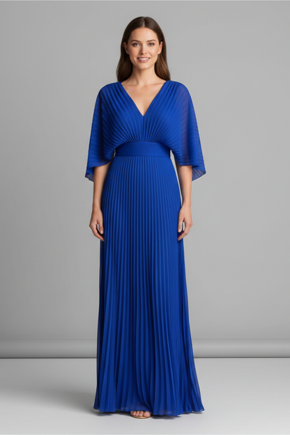 Women's Dress with V-Neckline and Pleated Maxi Skirt