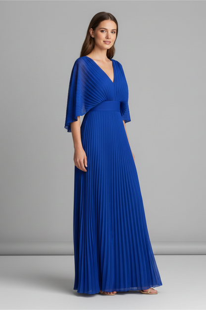 Women's Dress with V-Neckline and Pleated Maxi Skirt