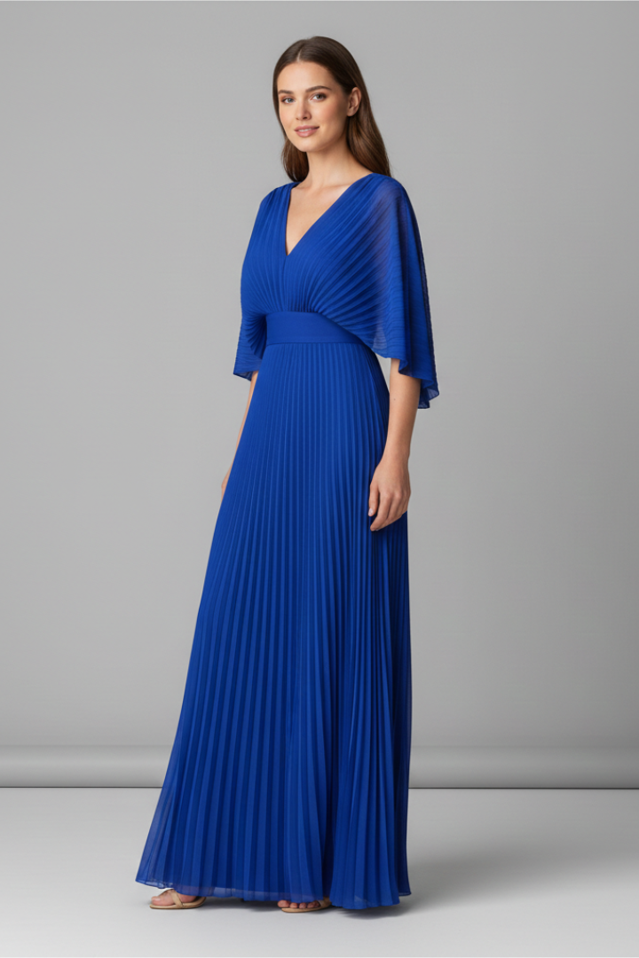 Women's Dress with V-Neckline and Pleated Maxi Skirt