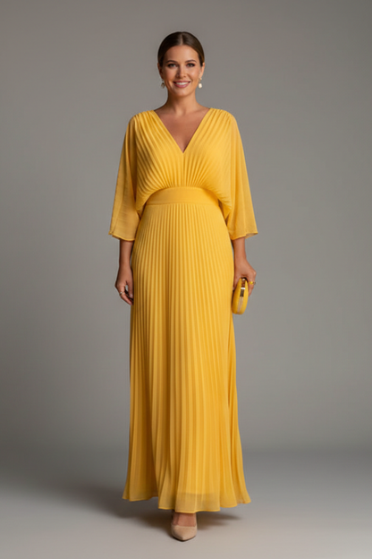 Women's Dress with V-Neckline and Pleated Maxi Skirt