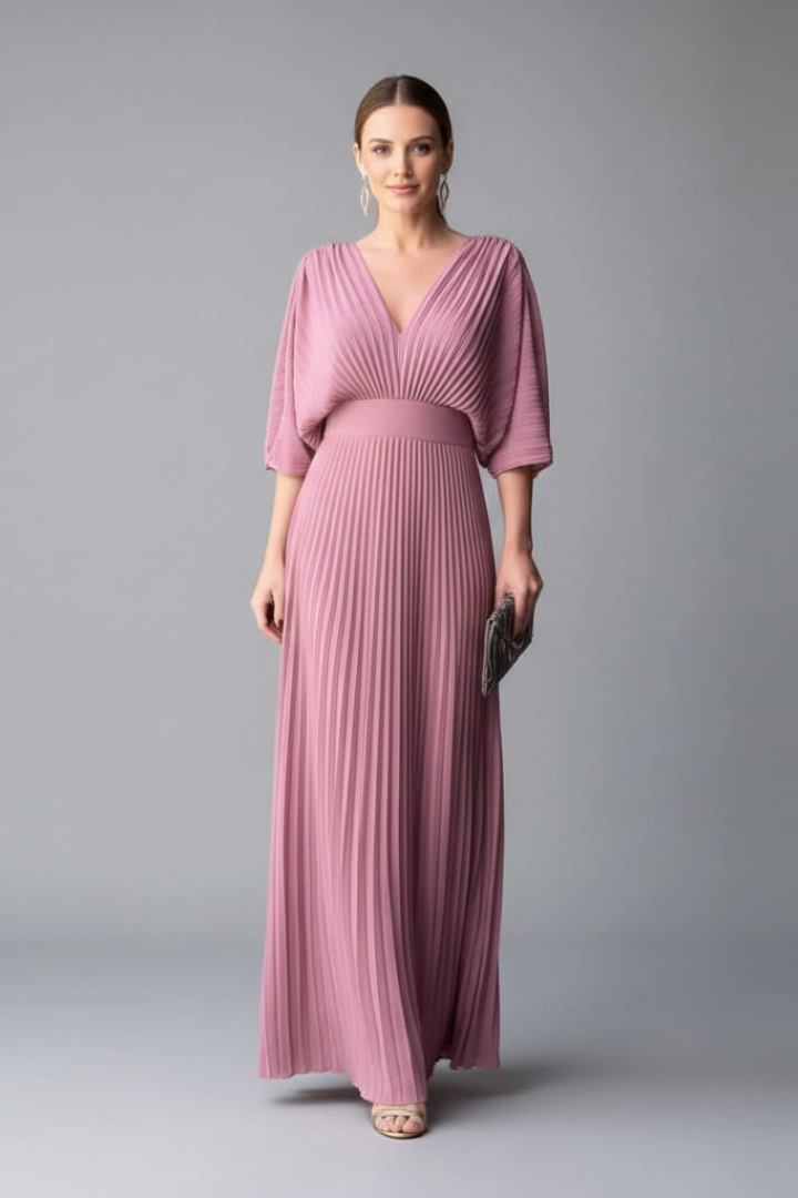 Women's Dress with V-Neckline and Pleated Maxi Skirt
