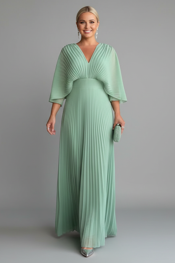 Women's Dress with V-Neckline and Pleated Maxi Skirt