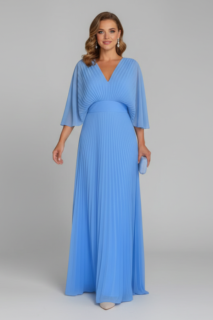 Women's Dress with V-Neckline and Pleated Maxi Skirt