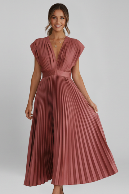 Women's Dress with V Neck and Pleated Skirt