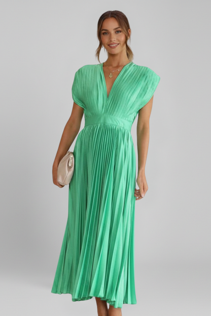 Women's Dress with V Neck and Pleated Skirt