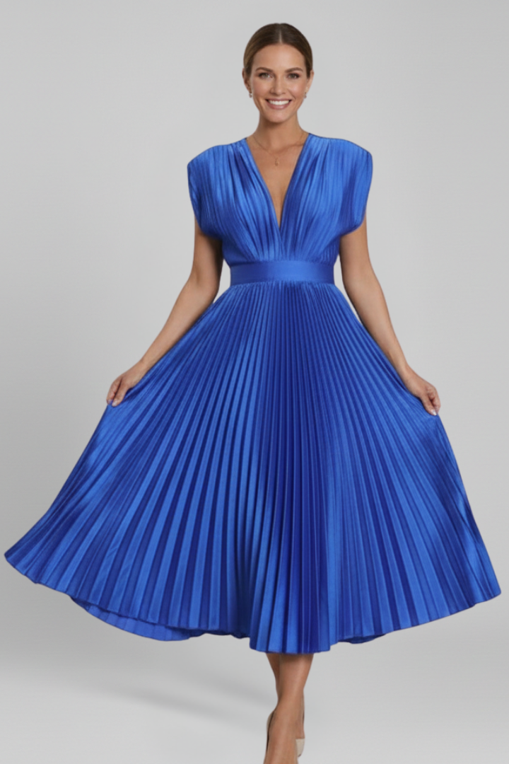Women's Dress with V Neck and Pleated Skirt