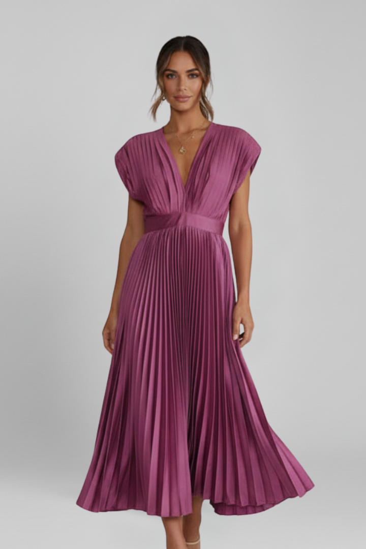 Women's Dress with V Neck and Pleated Skirt