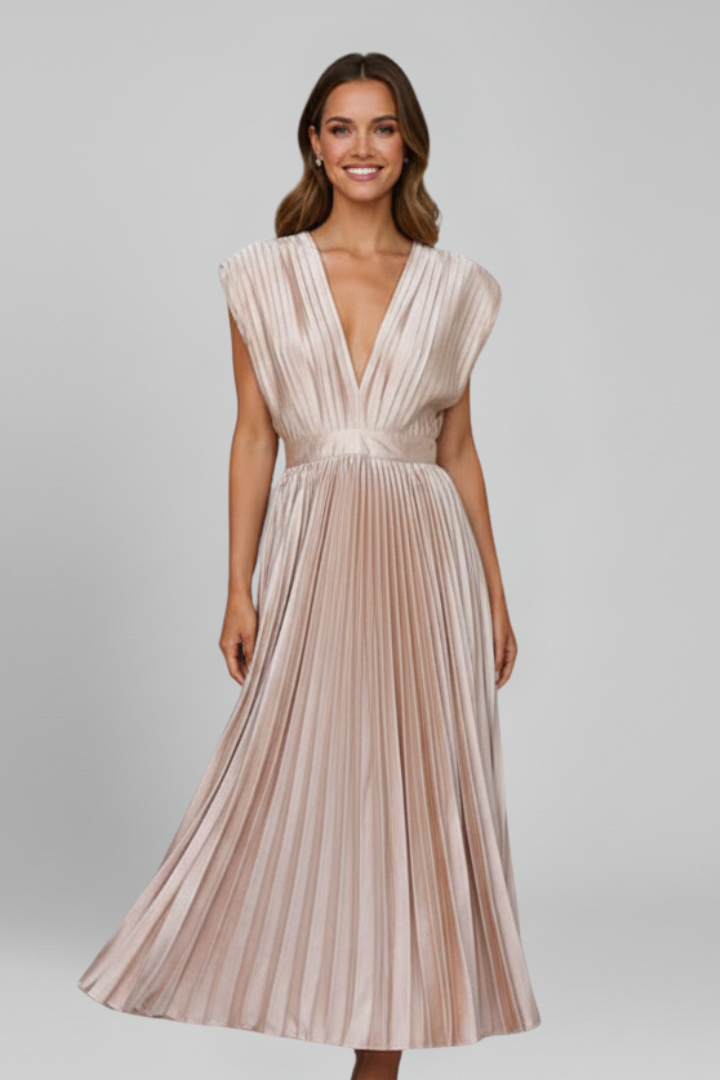 Women's Dress with V Neck and Pleated Skirt