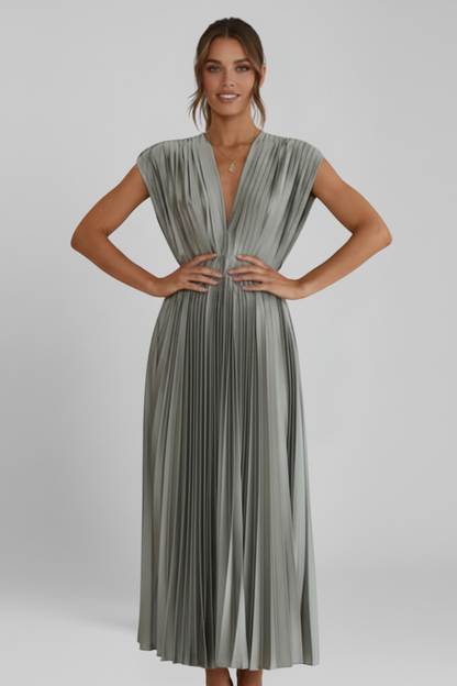 Women's Dress with V Neck and Pleated Skirt