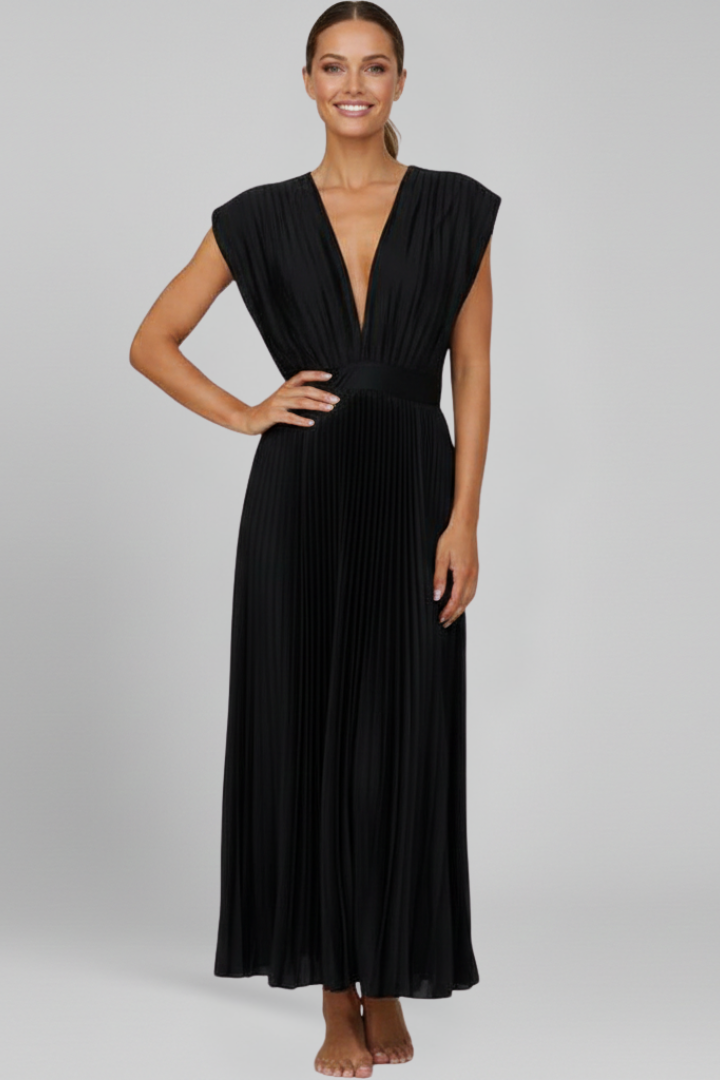 Women's Dress with V Neck and Pleated Skirt