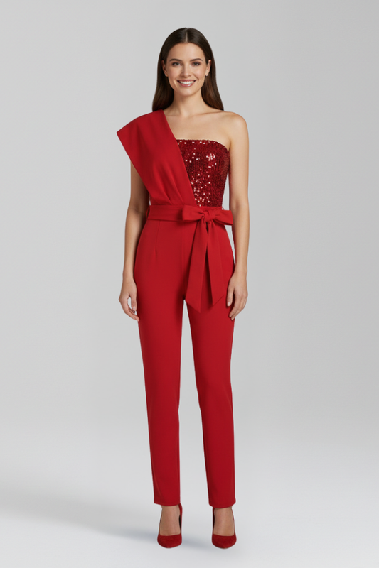 Women's Jumpsuit with One-Shoulder Neckline and Tied Waist