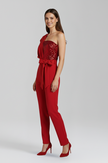Women's Jumpsuit with One-Shoulder Neckline and Tied Waist