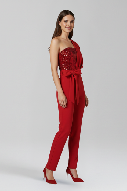 Women's Jumpsuit with One-Shoulder Neckline and Tied Waist