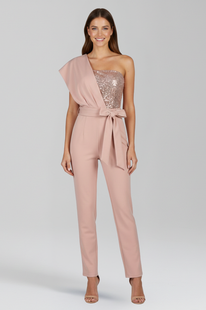 Women's Jumpsuit with One-Shoulder Neckline and Tied Waist