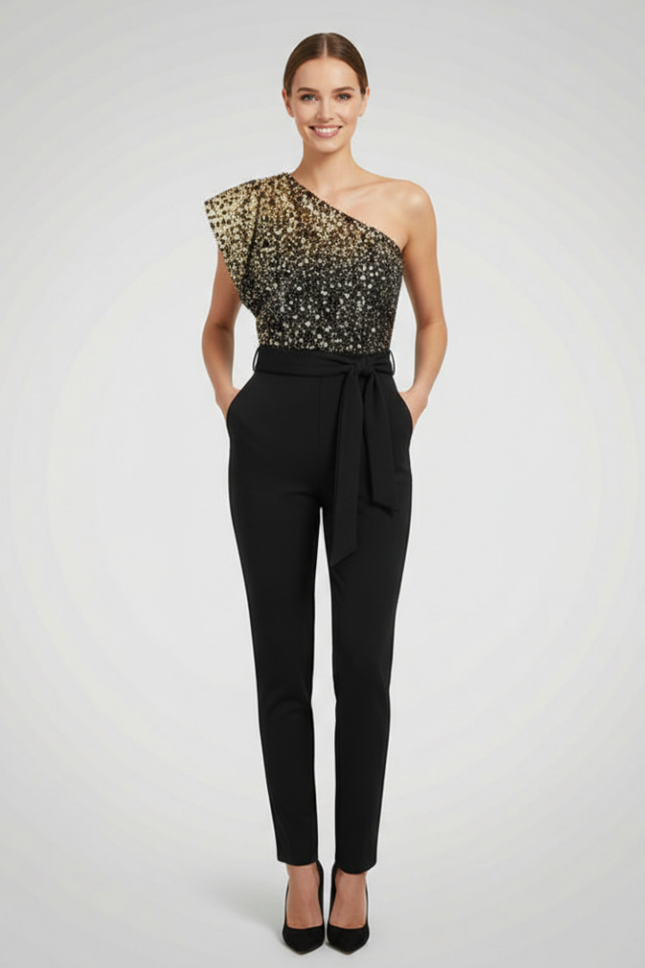 Women's Jumpsuit with One-Shoulder Neckline and Tied Waist