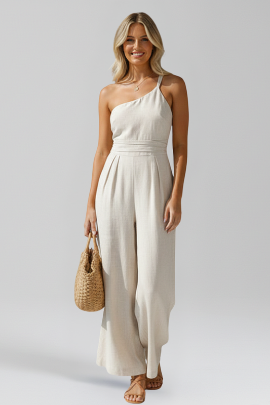 Women's Beige Jumpsuit with One-Shoulder Neckline and Wide Legs