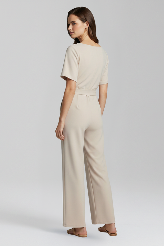 Women's Beige Jumpsuit with Round Neckline and Waist Tie