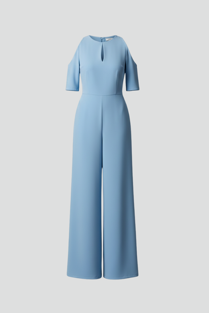 Women's Blue Jumpsuit with Round Neckline and Wide Legs