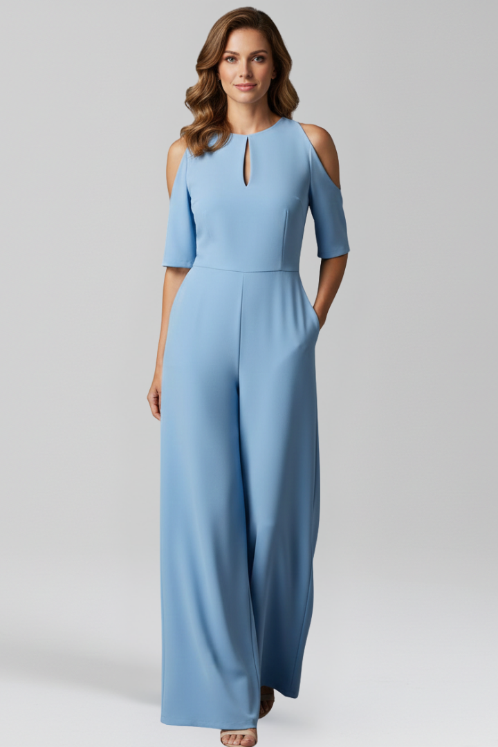 Women's Blue Jumpsuit with Round Neckline and Wide Legs