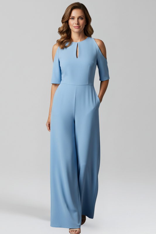 Women's Blue Jumpsuit with Round Neckline and Wide Legs