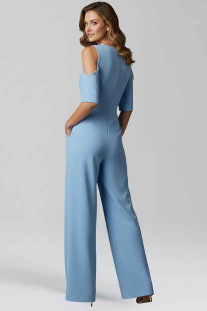 Women's Blue Jumpsuit with Round Neckline and Wide Legs