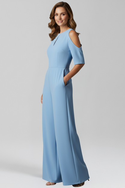 Women's Blue Jumpsuit with Round Neckline and Wide Legs