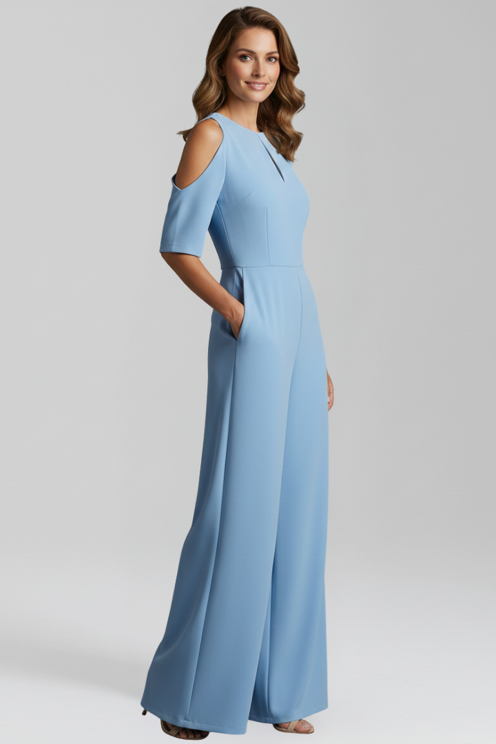 Women's Blue Jumpsuit with Round Neckline and Wide Legs