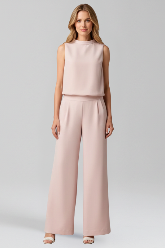 Women's  Apricot Jumpsuit with Round Neckline and Wide Legs