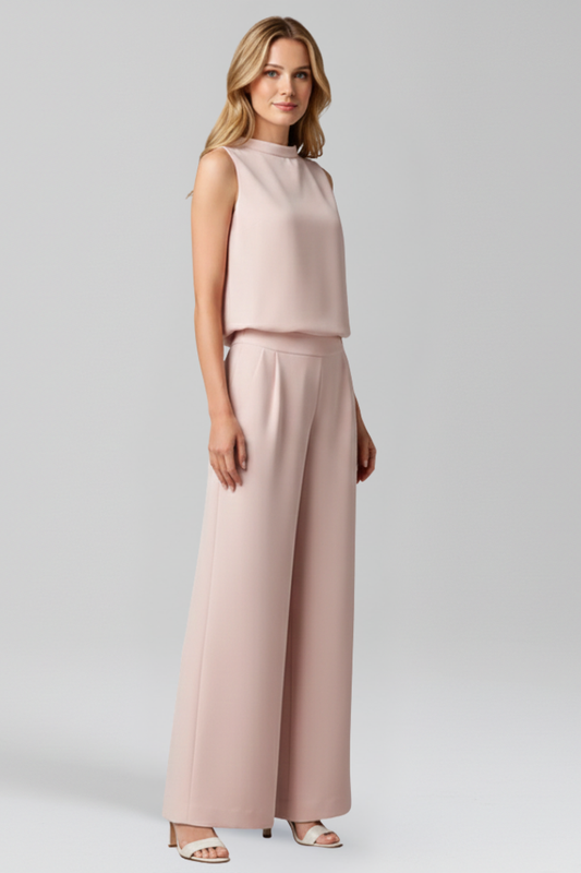 Women's  Apricot Jumpsuit with Round Neckline and Wide Legs
