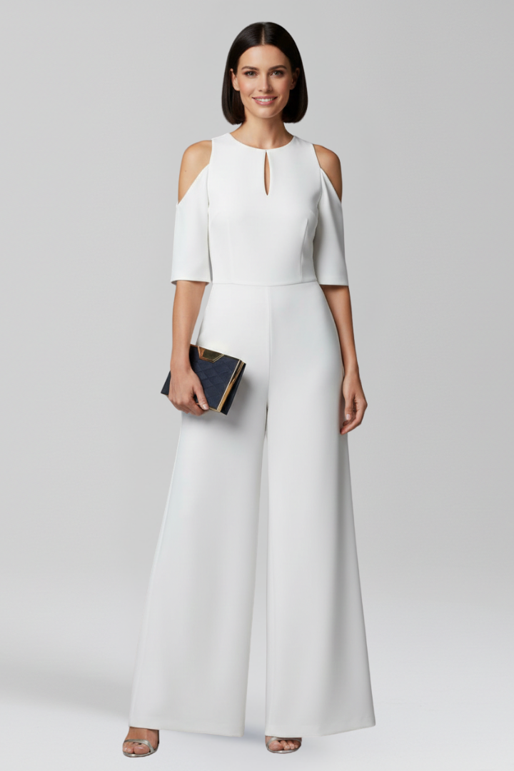 Women's Blue Jumpsuit with Round Neckline and Wide Legs