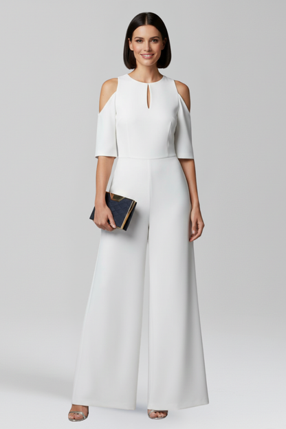 Women's Blue Jumpsuit with Round Neckline and Wide Legs