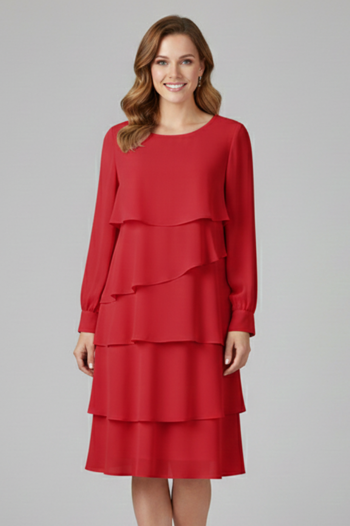 Women's Layered Dress with Long Sleeves and Tiered Skirt