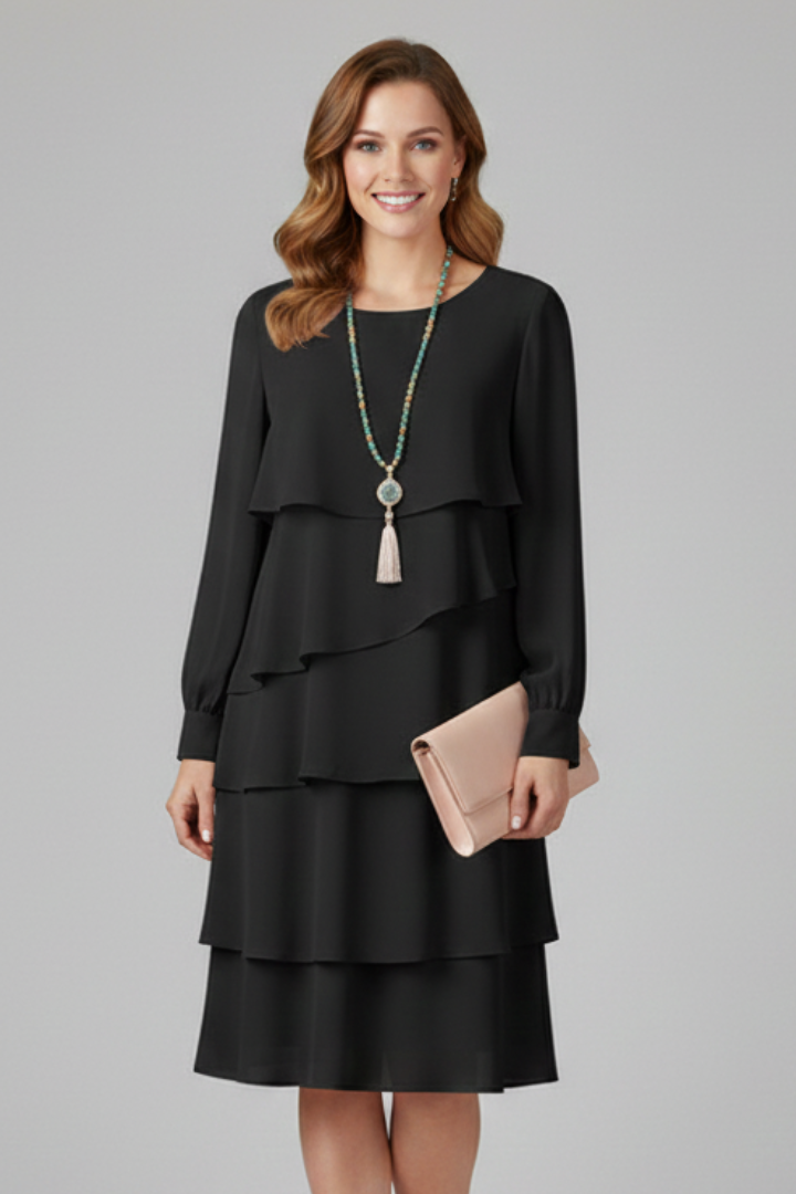 Women's Layered Dress with Long Sleeves and Tiered Skirt