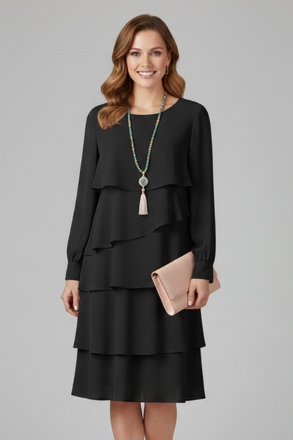 Women's Layered Dress with Long Sleeves and Tiered Skirt