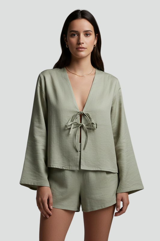 Women's Long-Sleeve Blouse with V-Neck and Front Tie