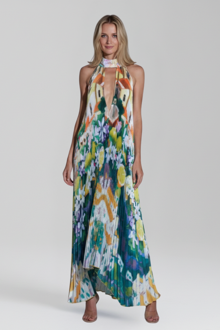 Women's Maxi Dress with Pleated Skirt and Sleeveless Cut