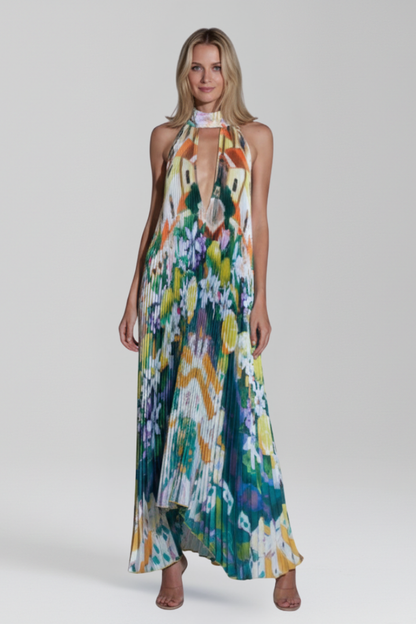 Women's Maxi Dress with Pleated Skirt and Sleeveless Cut