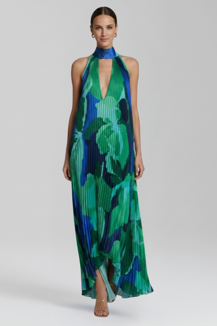 Women's Maxi Dress with Pleated Skirt and Sleeveless Cut
