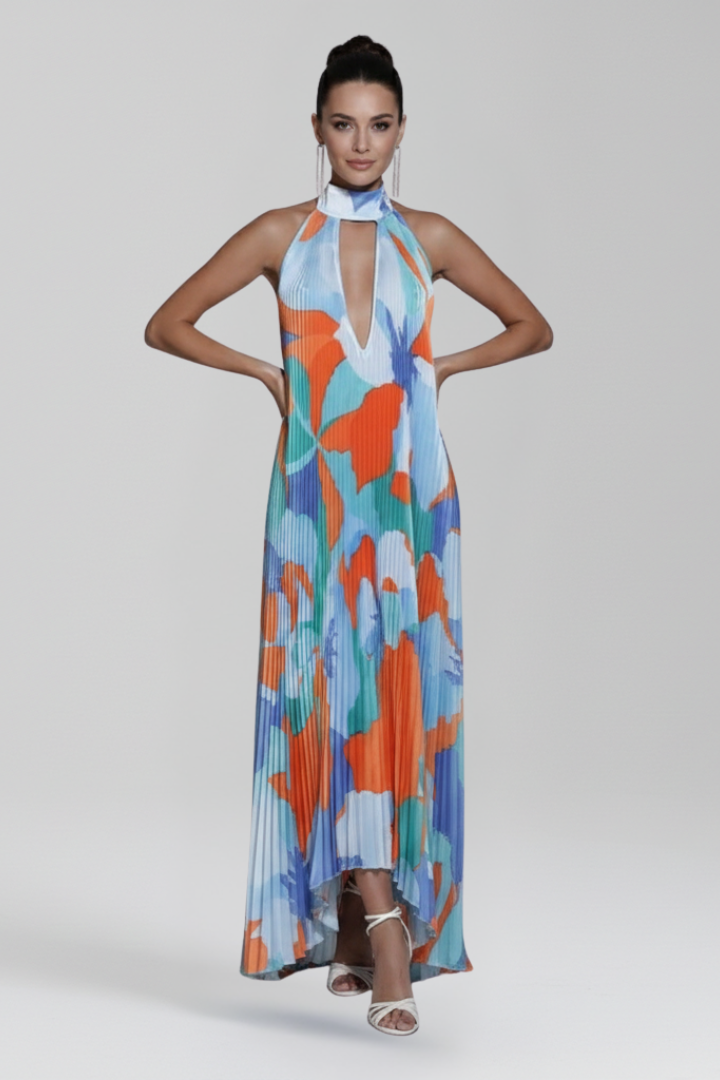 Women's Maxi Dress with Pleated Skirt and Sleeveless Cut