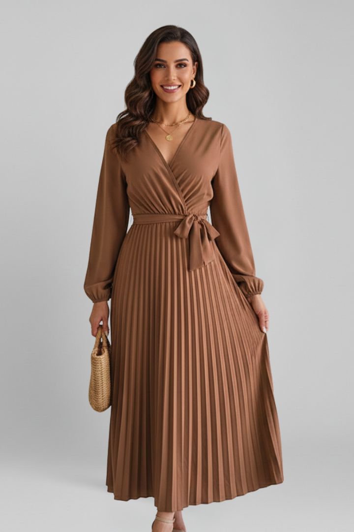 Women's Maxi Dress with Pleated Skirt and Sleeves