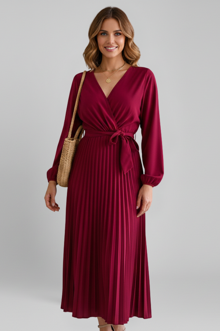 Women's Maxi Dress with Pleated Skirt and Sleeves
