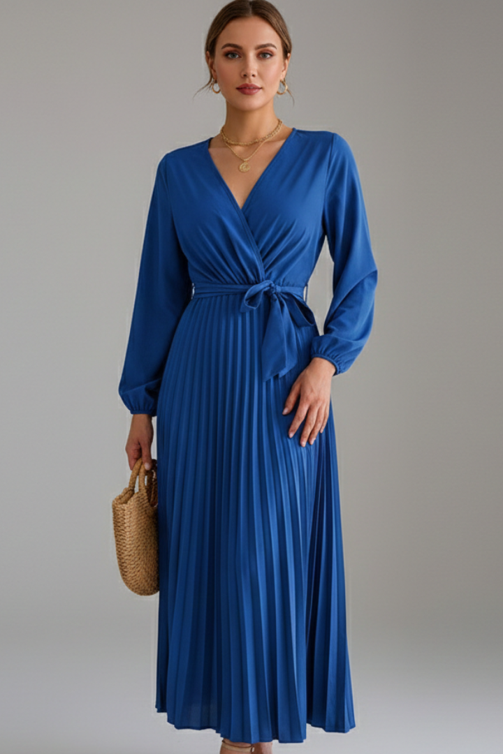 Women's Maxi Dress with Pleated Skirt and Sleeves