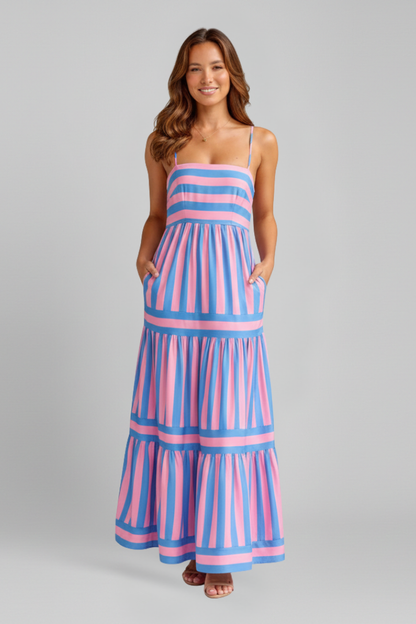 Women's Maxi Dress with Shoulder Straps and Tiered Skirt