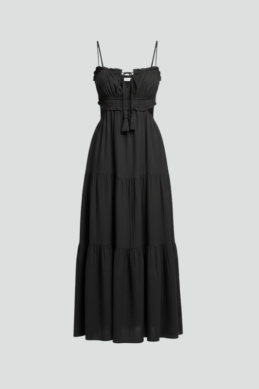 Women's Maxi Dress with Straight Neckline and Tiered Skirt