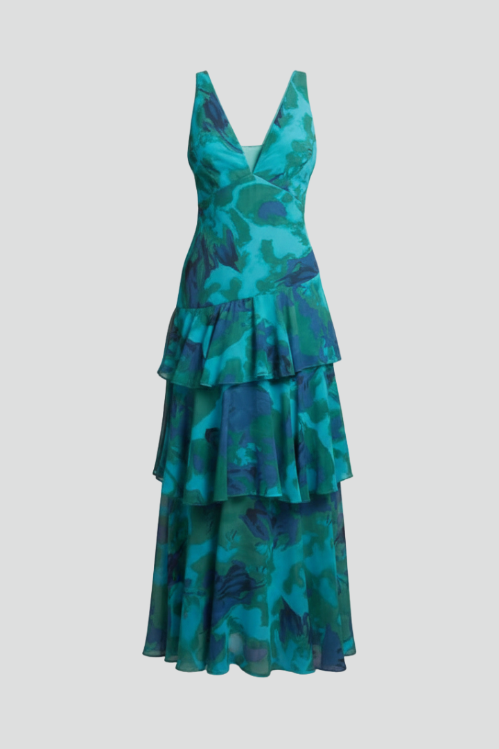 Women's Maxi Dress with Tiered Skirt and V‑Neck