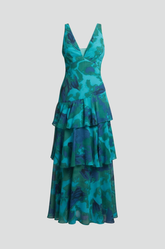 Women's Maxi Dress with Tiered Skirt and V‑Neck